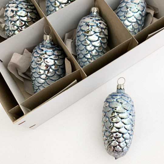 Light Blue Pine Cone Blown Glass Ornament ~ Germany ~ 3" tall