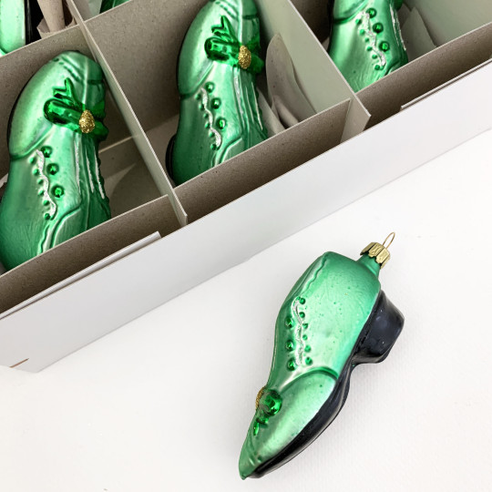 Green Fancy Slipper Shoe Blown Glass Ornament ~ Germany ~ 4" long