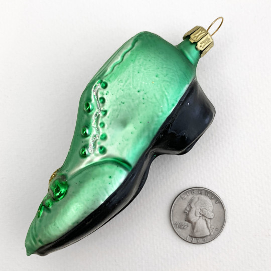 Green Fancy Slipper Shoe Blown Glass Ornament ~ Germany ~ 4" long