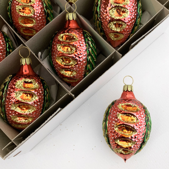 Pink and Green Blown Glass Fancy Nut Ornament ~ Germany ~ 2-3/4" tall