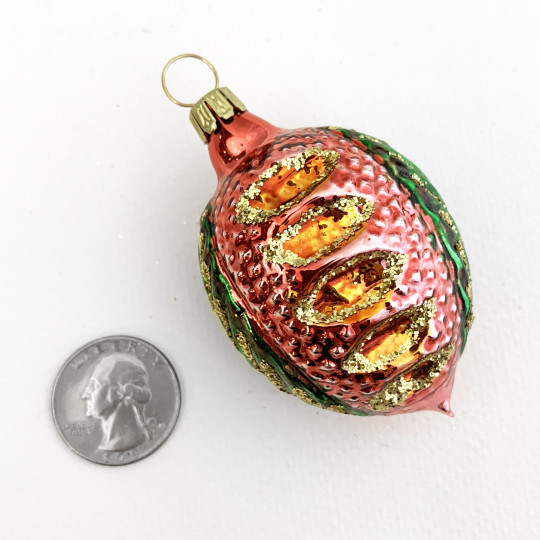 Pink and Green Blown Glass Fancy Nut Ornament ~ Germany ~ 2-3/4" tall