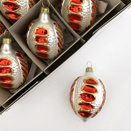 Red and White Blown Glass Fancy Nut Ornament ~ Germany ~ 2-3/4" tall