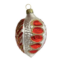 Red and White Blown Glass Fancy Nut Ornament ~ Germany ~ 2-3/4" tall