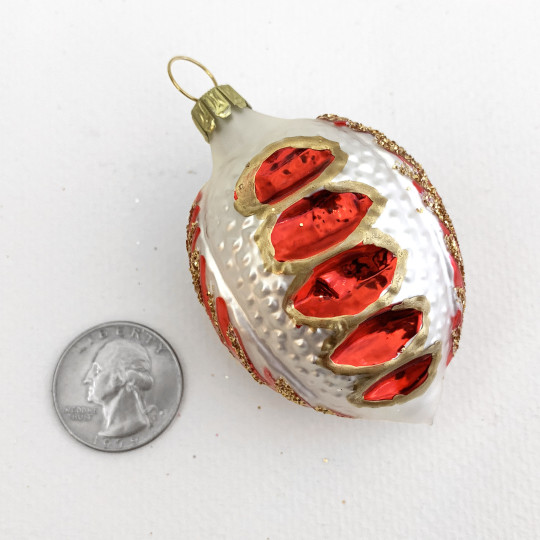 Red and White Blown Glass Fancy Nut Ornament ~ Germany ~ 2-3/4" tall