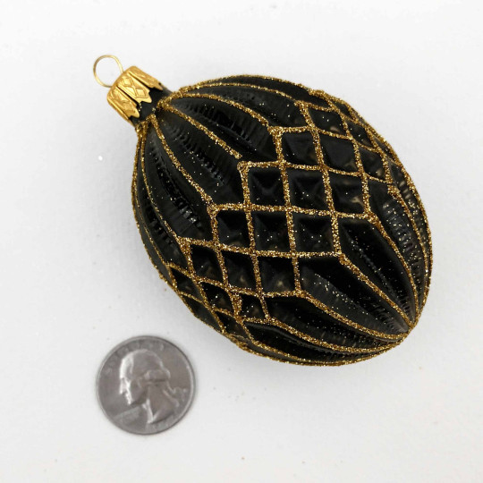 Matte Black Quilted Blown Glass Ornament ~ Czech Republic ~ 3" tall