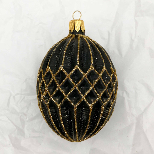 Matte Black Quilted Blown Glass Ornament ~ Czech Republic ~ 3" tall