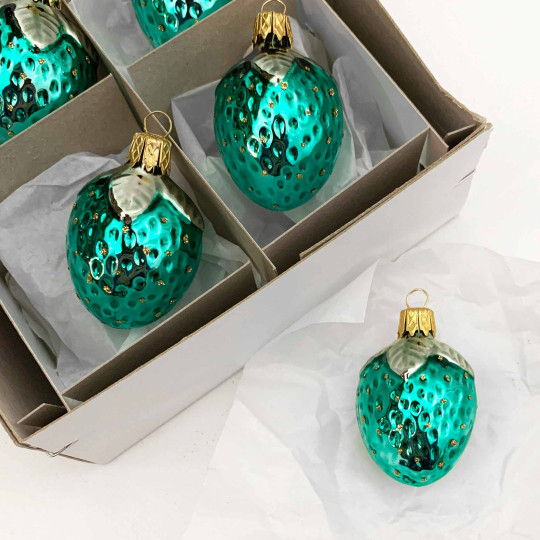 Small Aqua Strawberry Blown Glass Ornament ~ Czech Republic ~ 2" long