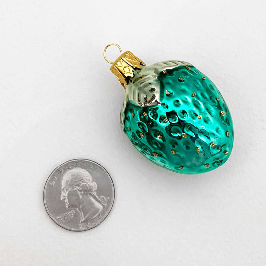 Small Aqua Strawberry Blown Glass Ornament ~ Czech Republic ~ 2" long