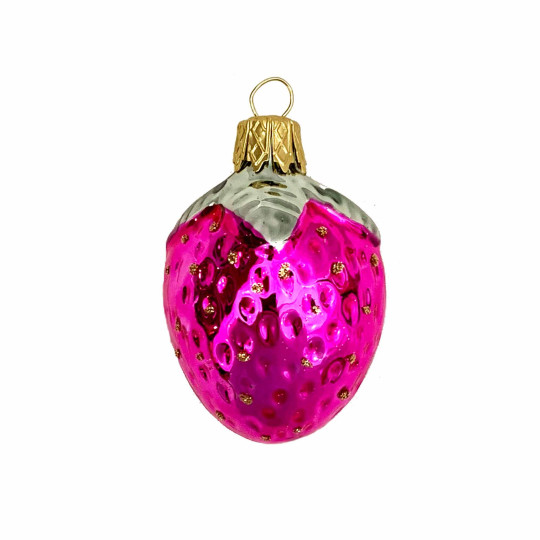 Small Hot Pink Strawberry Blown Glass Ornament ~ Czech Republic ~ 2" long