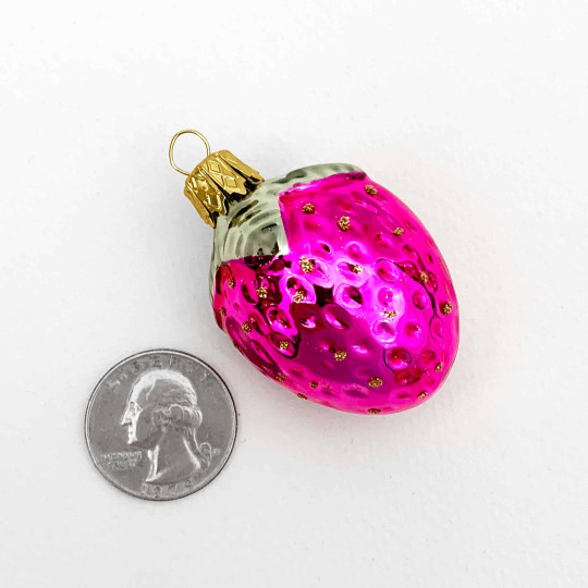 Small Hot Pink Strawberry Blown Glass Ornament ~ Czech Republic ~ 2" long