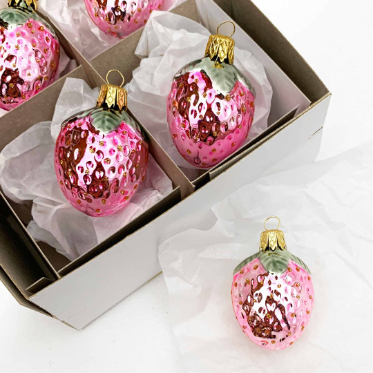 Small Light Pink Strawberry Blown Glass Ornament ~ Czech Republic ~ 2" long