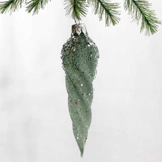 Pale Green Frosted Twist Icicle Blown Glass Christmas Ornament ~ Czech Republic ~ 4" long