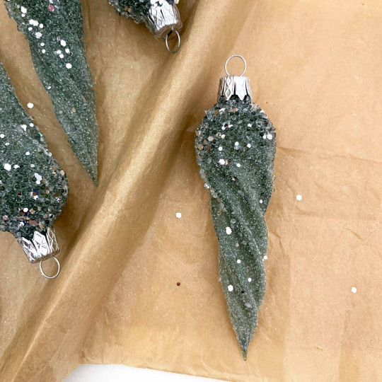 Pale Green Frosted Twist Icicle Blown Glass Christmas Ornament ~ Czech Republic ~ 4" long