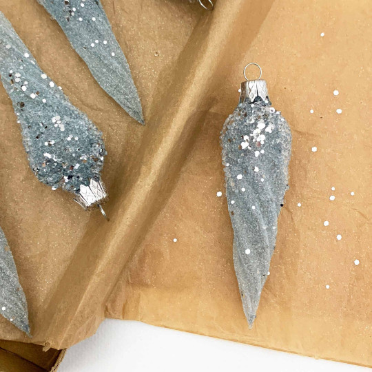 Light Blue Frosted Twist Icicle Blown Glass Christmas Ornament ~ Czech Republic ~ 4" long