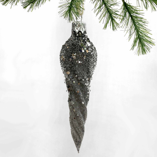 Smoke Grey Frosted Twist Icicle Blown Glass Christmas Ornament ~ Czech Republic ~ 4" long