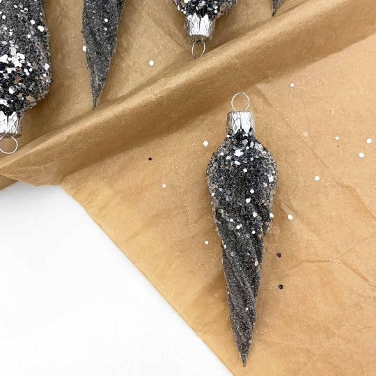 Smoke Grey Frosted Twist Icicle Blown Glass Christmas Ornament ~ Czech Republic ~ 4" long