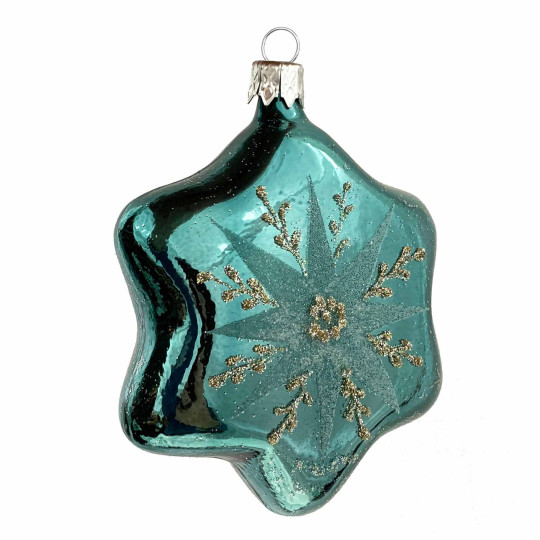 Teal Star Blown Glass Ornament ~ Czech Republic ~ 3-3/4" tall