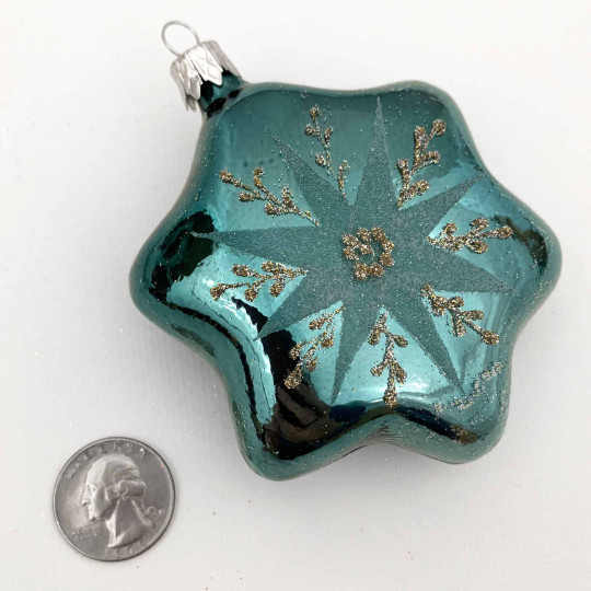 Teal Star Blown Glass Ornament ~ Czech Republic ~ 3-3/4" tall