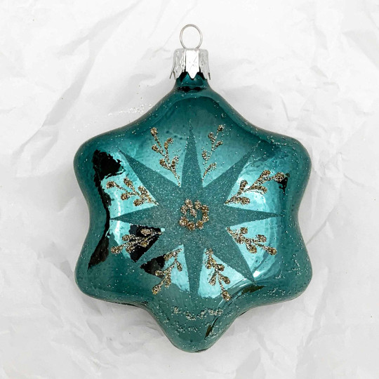 Teal Star Blown Glass Ornament ~ Czech Republic ~ 3-3/4" tall