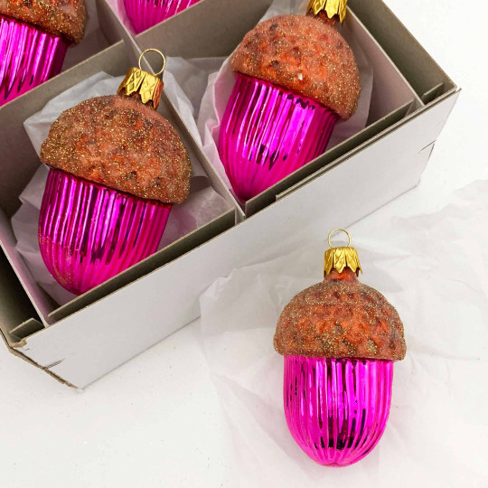 Large Hot Pink Woodland Acorn Christmas Ornament ~ Czech Republic ~ 2-3/4" tall