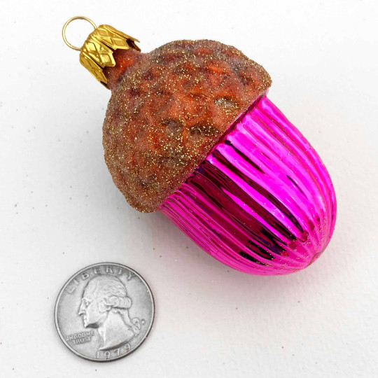 Large Hot Pink Woodland Acorn Christmas Ornament ~ Czech Republic ~ 2-3/4" tall