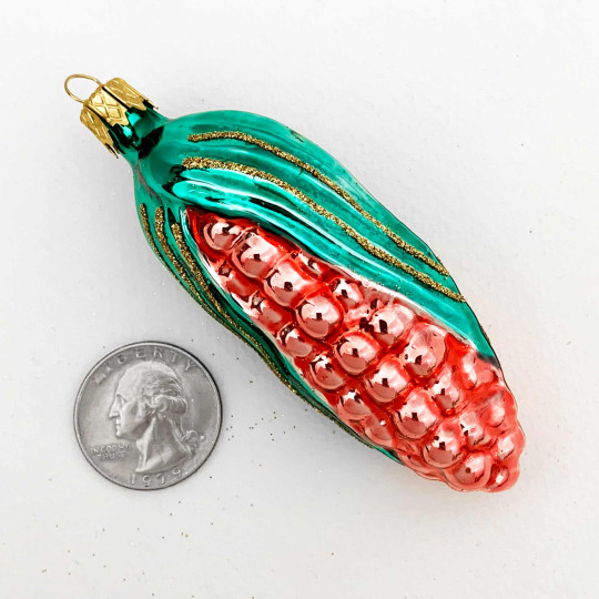 Aqua and Coral Blown Glass Corn Ornament ~ Czech Republic ~ 3-1/4" long
