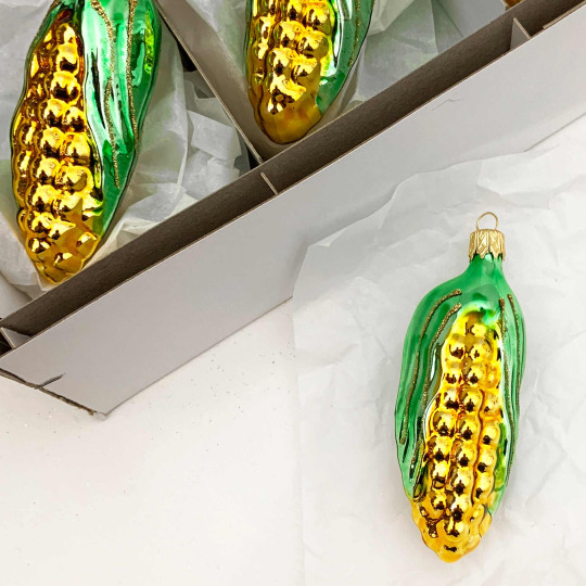 Light Green and Yellow Blown Glass Corn Ornament ~ Czech Republic ~ 3-1/4" long