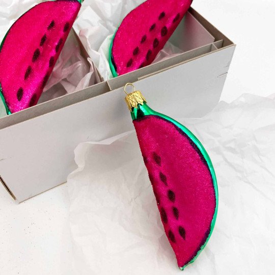 Magenta Watermelon Slice Blown Glass Ornament ~ Czech Republic ~ 4" long