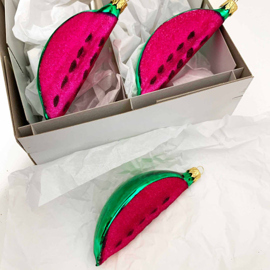 Magenta Watermelon Slice Blown Glass Ornament ~ Czech Republic ~ 4" long