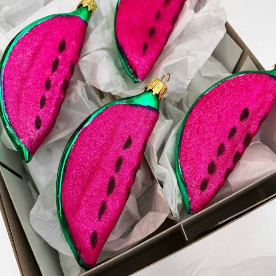 Magenta Watermelon Slice Blown Glass Ornament ~ Czech Republic ~ 4" long