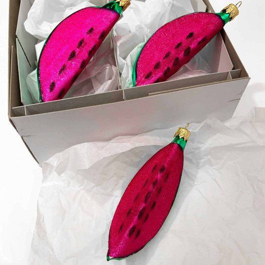 Magenta Watermelon Slice Blown Glass Ornament ~ Czech Republic ~ 4" long