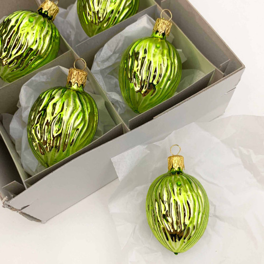 Lime Green Walnut Blown Glass Nut Ornament ~ Czech Republic ~2" tall