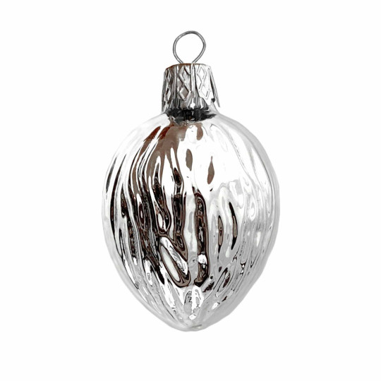 Silver Walnut Blown Glass Nut Ornament ~ Czech Republic ~2" tall