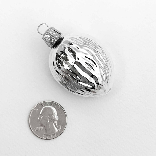 Silver Walnut Blown Glass Nut Ornament ~ Czech Republic ~2" tall