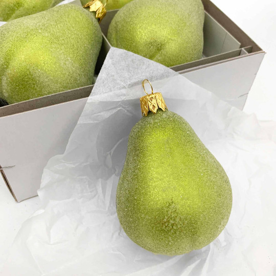 Lime Green Blown Glass Sugared Pear Ornament ~ Czech Republic ~ 3" long