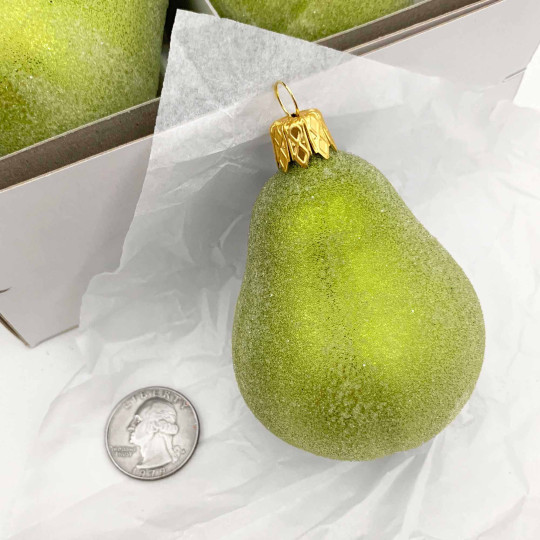 Lime Green Blown Glass Sugared Pear Ornament ~ Czech Republic ~ 3" long