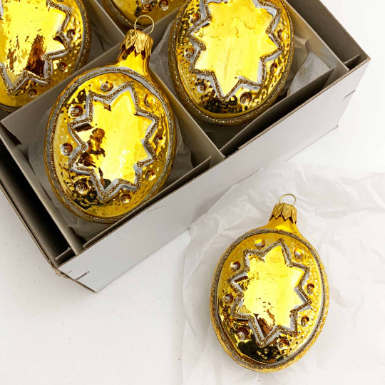Gold Fancy Star Blown Glass Ornament ~ Czech Republic ~ 3" tall