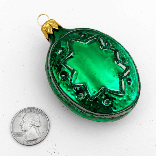 Green Fancy Star Blown Glass Ornament ~ Czech Republic ~ 3" tall