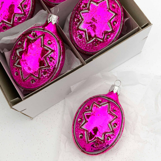 Hot Pink Fancy Star Blown Glass Ornament ~ Czech Republic ~ 3" tall