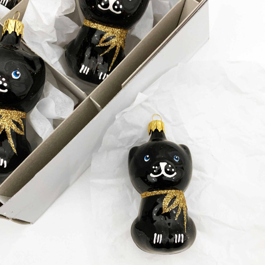 Black Cat Blown Glass Ornament ~ Czech Republic ~ 3" tall