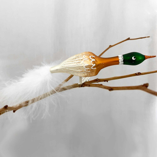 Mallard Duck Blown Glass Clipping Bird Ornament ~ Czech Republic ~ 8" Long wth Feather Tail
