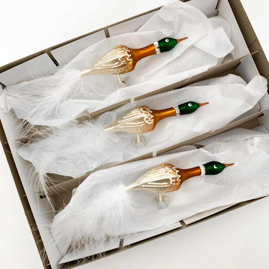 Mallard Duck Blown Glass Clipping Bird Ornament ~ Czech Republic ~ 8" Long wth Feather Tail