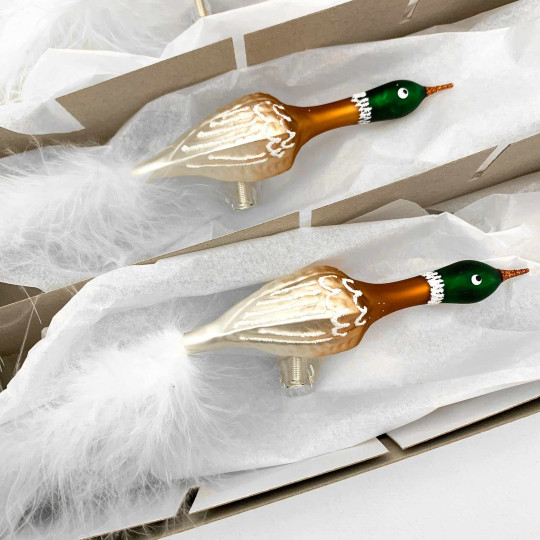 Mallard Duck Blown Glass Clipping Bird Ornament ~ Czech Republic ~ 8" Long wth Feather Tail