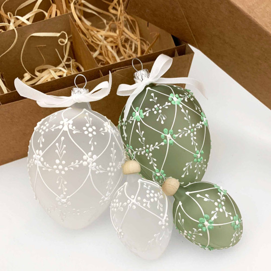 Frosted Eggs with Flower Trellis Blown Glass Ornaments ~ Czech Republic ~ 4 pc. Boxed Set