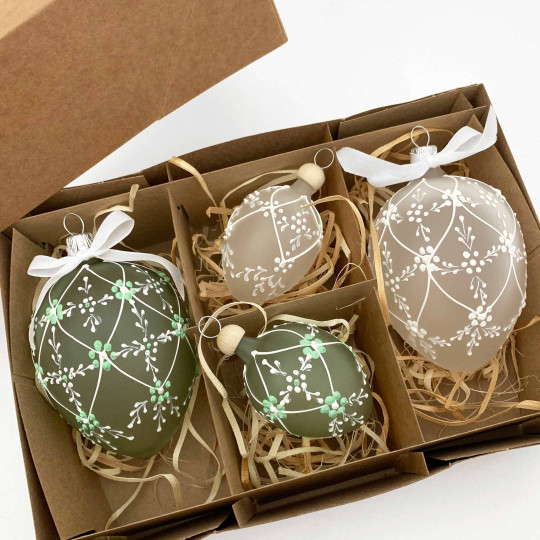 Frosted Eggs with Flower Trellis Blown Glass Ornaments ~ Czech Republic ~ 4 pc. Boxed Set
