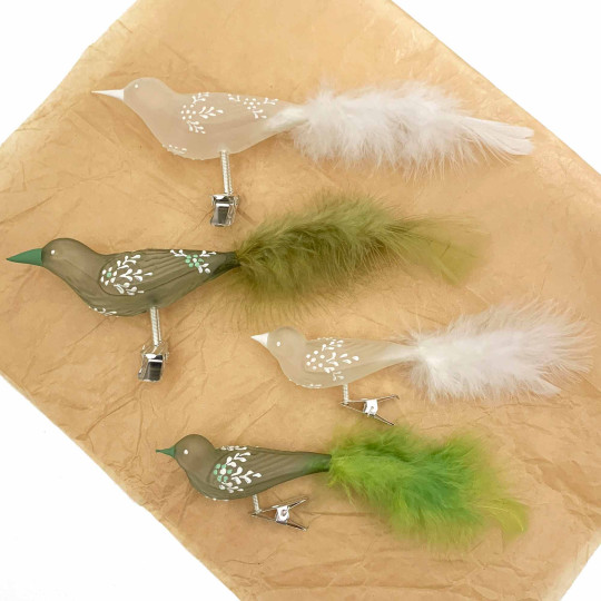 Frosted Birds with Flowers Clipping Blown Glass Ornaments ~ Czech Republic ~ 4 pc. Boxed Set