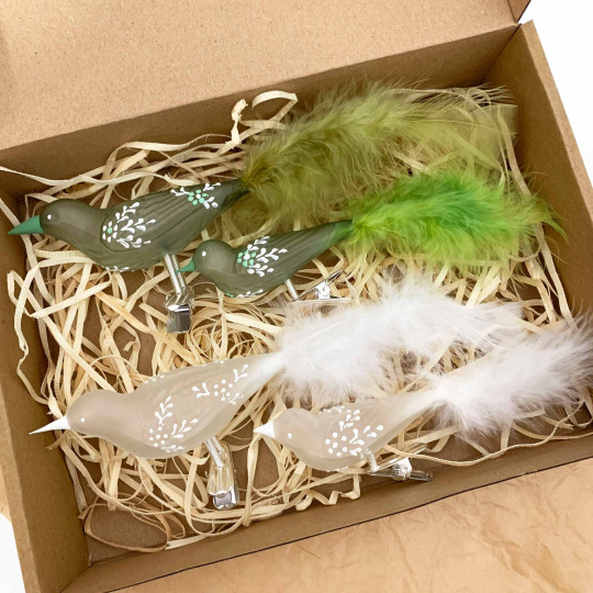 Frosted Birds with Flowers Clipping Blown Glass Ornaments ~ Czech Republic ~ 4 pc. Boxed Set