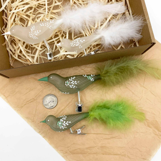 Frosted Birds with Flowers Clipping Blown Glass Ornaments ~ Czech Republic ~ 4 pc. Boxed Set
