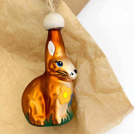 Brown Easter Bunny with Flowers Blown Glass Ornament ~ Czech Republic ~ 2-1/2" tall