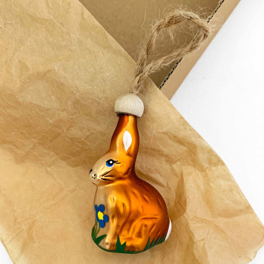 Brown Easter Bunny with Flowers Blown Glass Ornament ~ Czech Republic ~ 2-1/2" tall